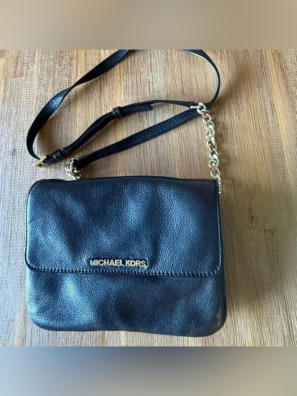 Michael Kors Black Pebbled Leather Crossbody with Detachable Gold Chain Accent